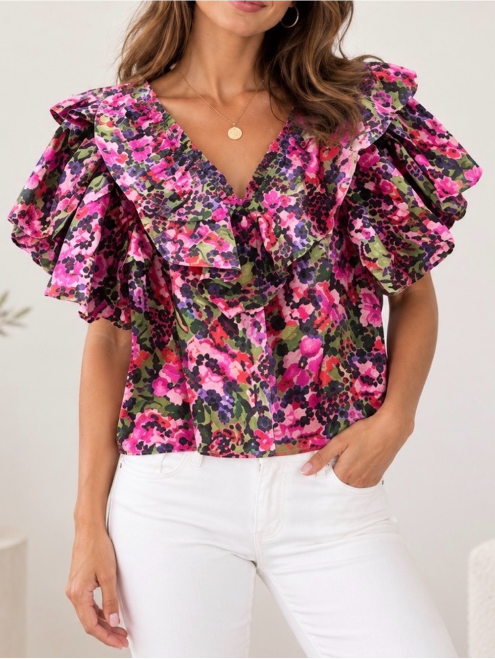 Something Navy Floral V-Neck Ruffle Puff Sleeve Top